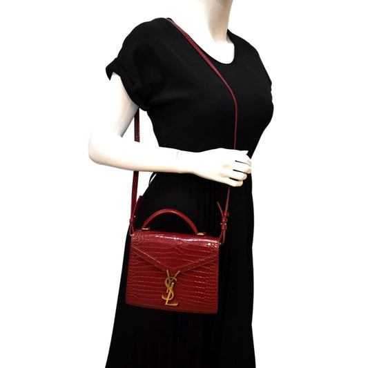 YVES SAINT LAURENT Cassandra Top Handle Embossed Leather Shoulder Bag Red