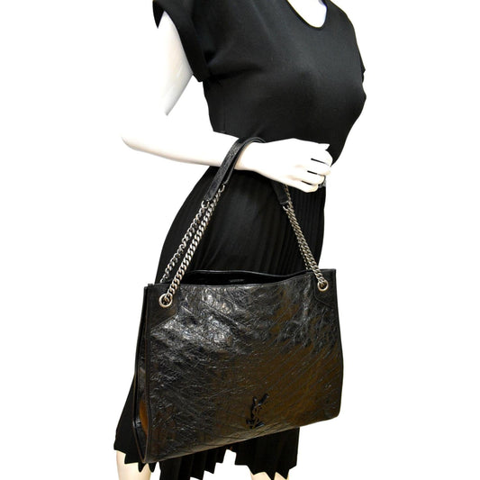 YVES SAINT LAURENT Niki Large Crinkle Leather Shopper Tote Bag Black