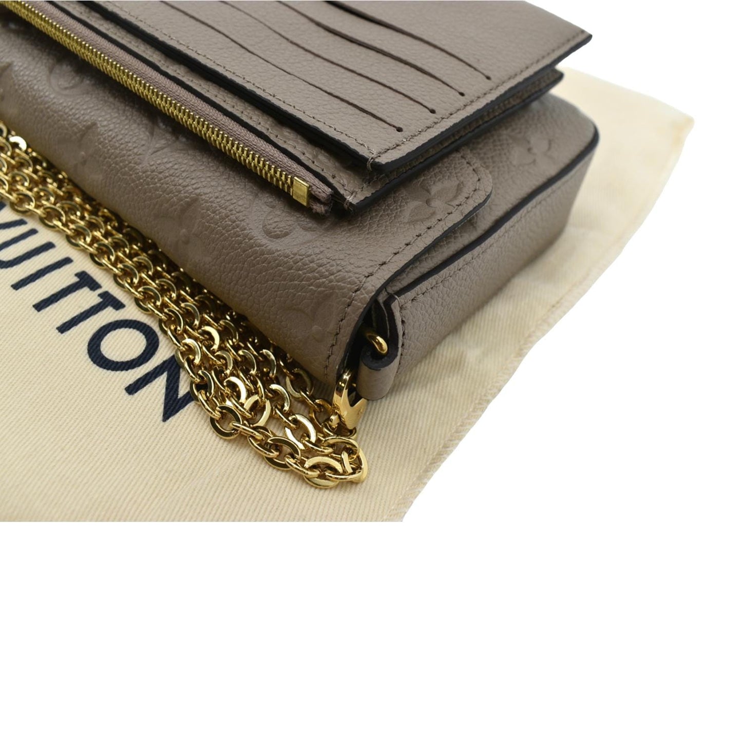 LOUIS VUITTON Pochette Felicie Monogram Empreinte Leather Chain Wallet Tourterelle