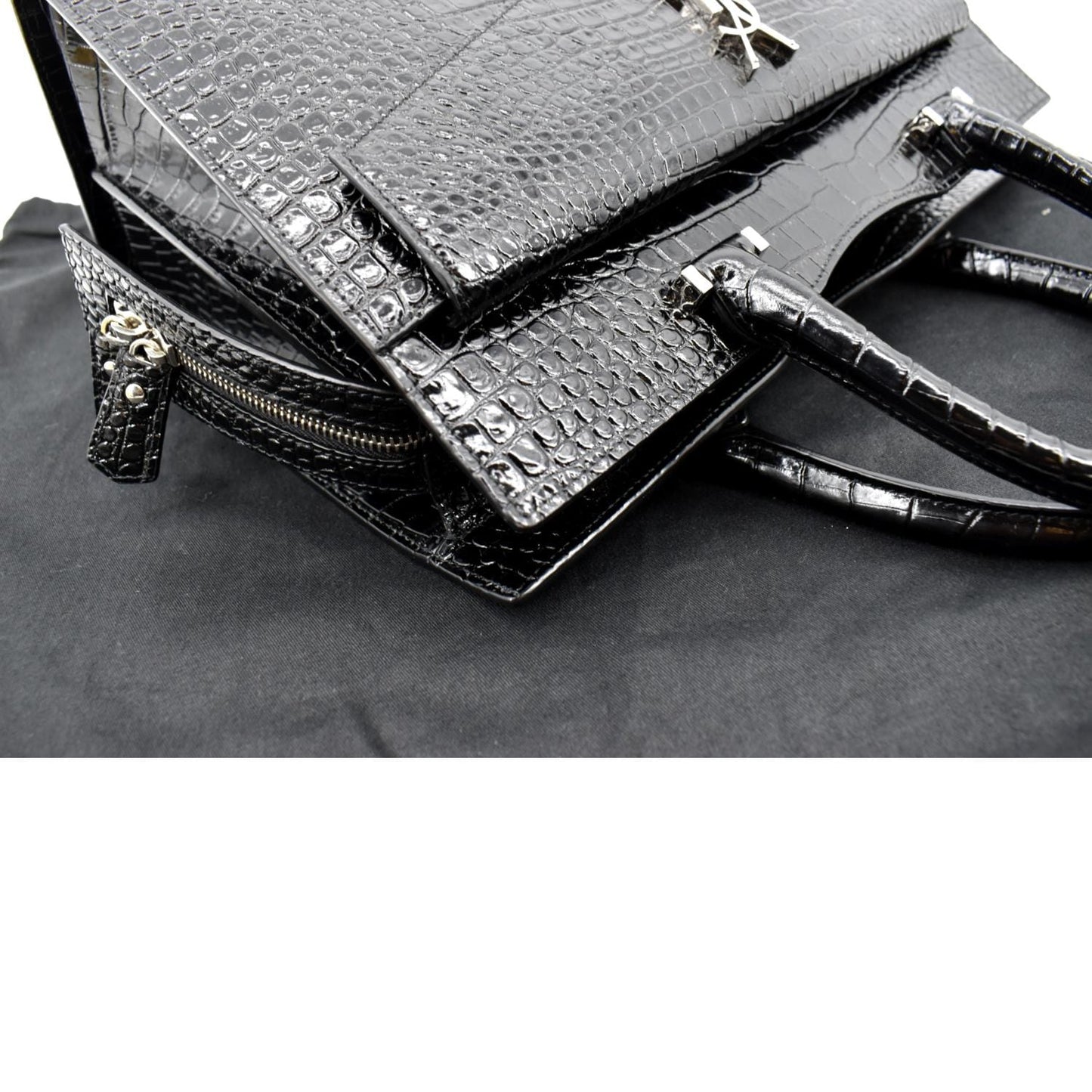 YVES SAINT LAURENT Uptown Crocodile Calfskin Embossed Tote Bag Black