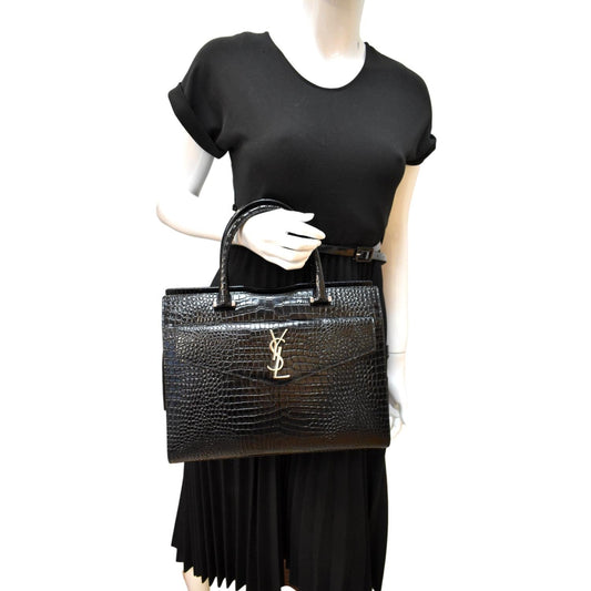 YVES SAINT LAURENT Uptown Crocodile Calfskin Embossed Tote Bag Black
