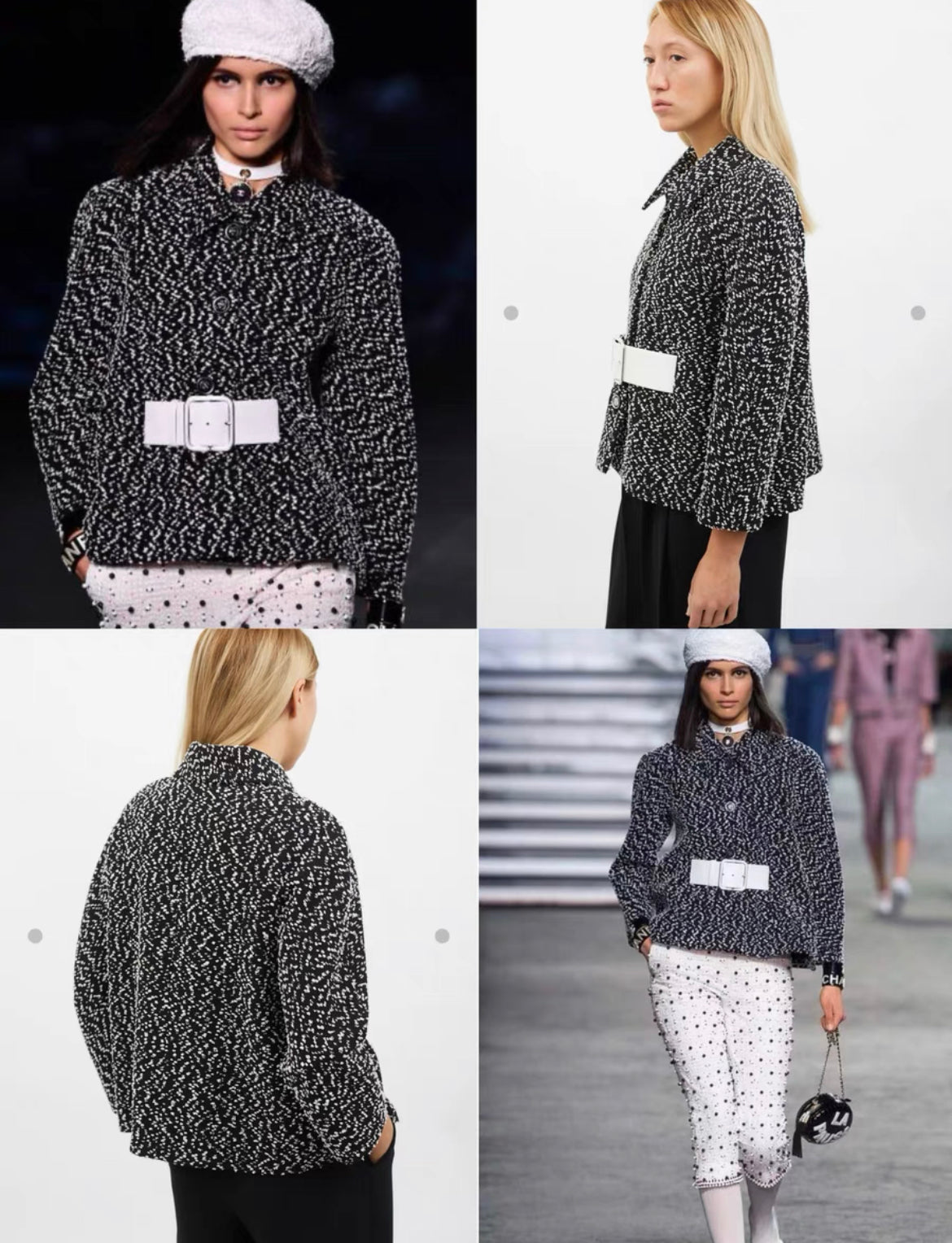 Chanel 19C Black/White Wool Tweed Jacket with wide white belt size 40