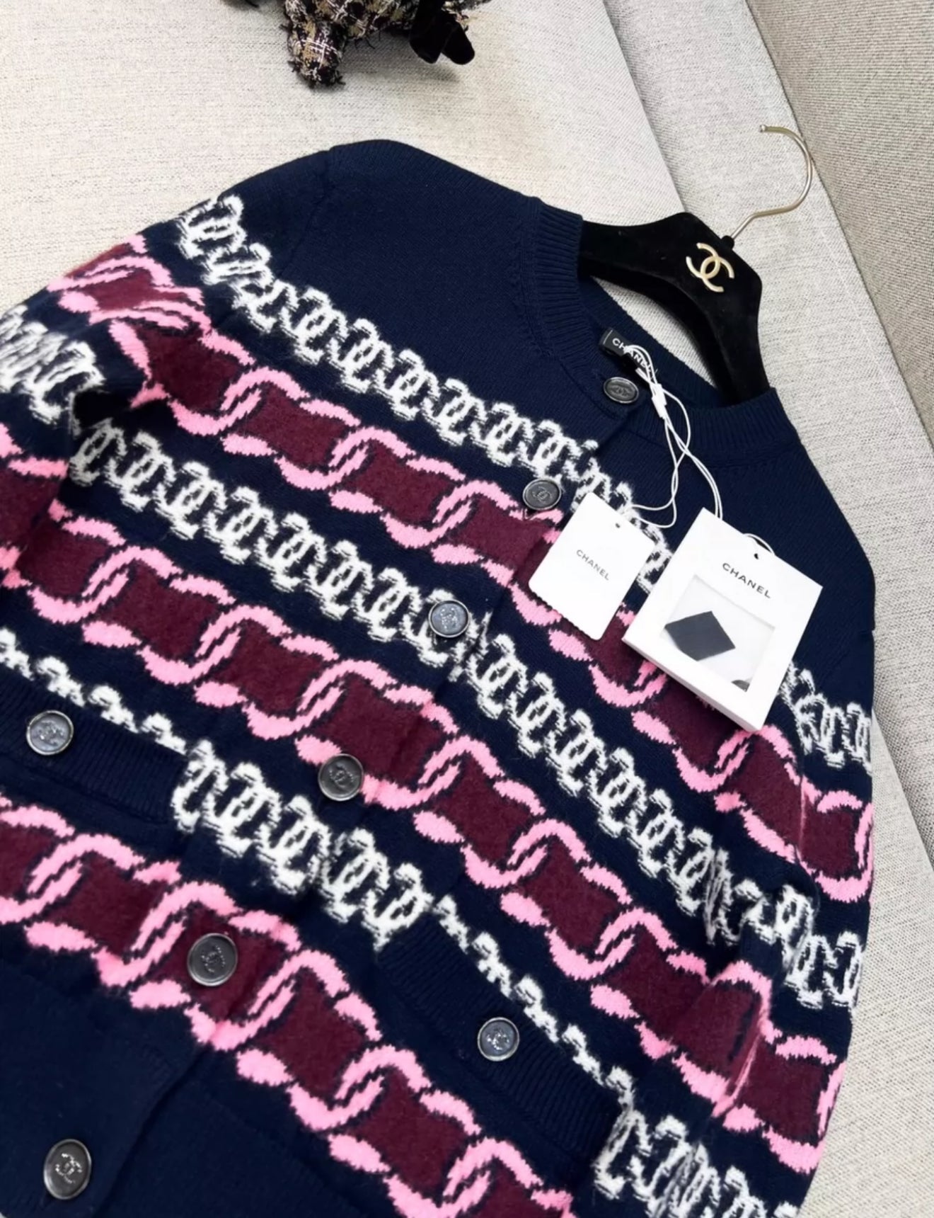 Chanel 23B navy blue, Burgundy, pink & white cardigan