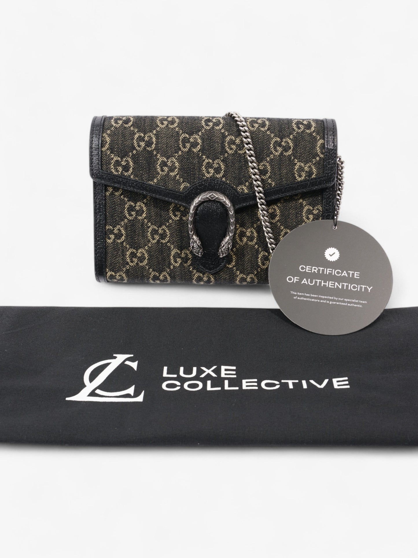 Gucci Dionysus Chain Wallet Black / GG Supreme / Ivory Denim