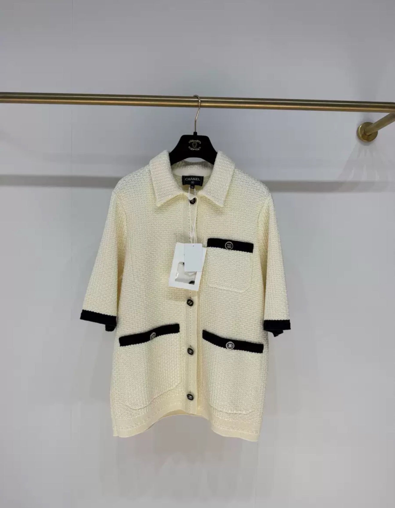 Chanel 24P polo écru & black cardigan