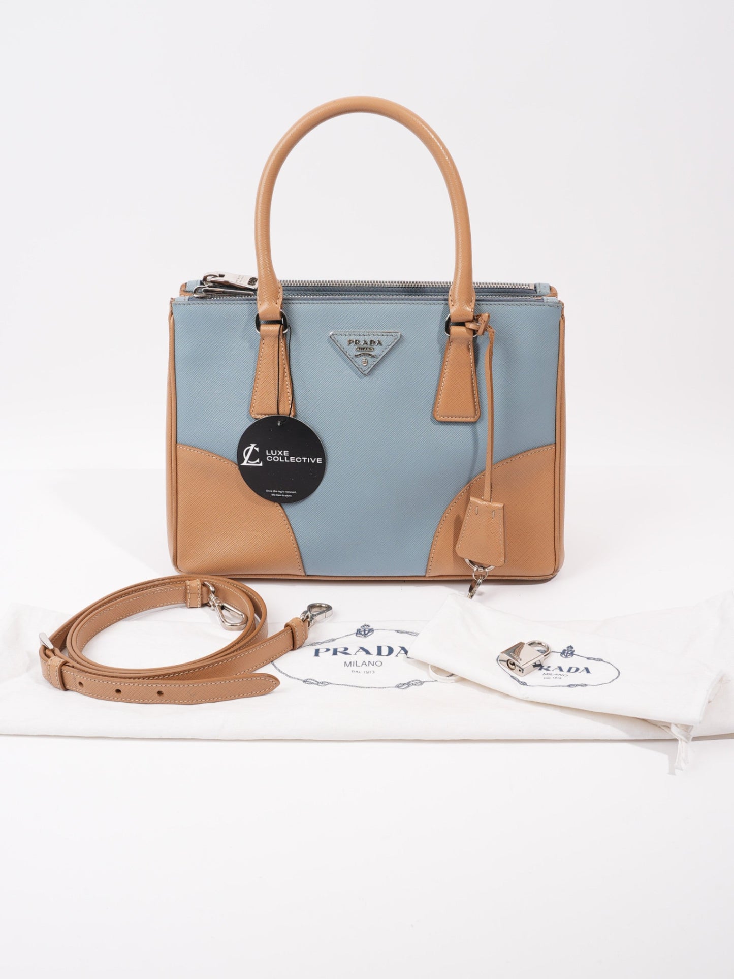 Prada Galleria Double Zip Tote Blue / Beige Saffiano Leather