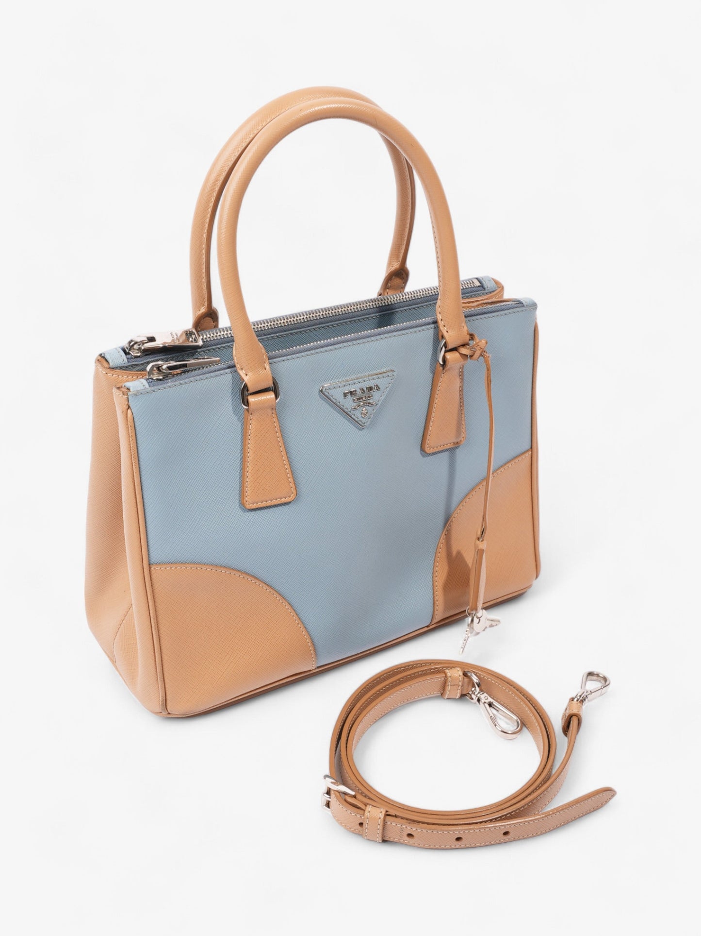 Prada Galleria Double Zip Tote Blue / Beige Saffiano Leather