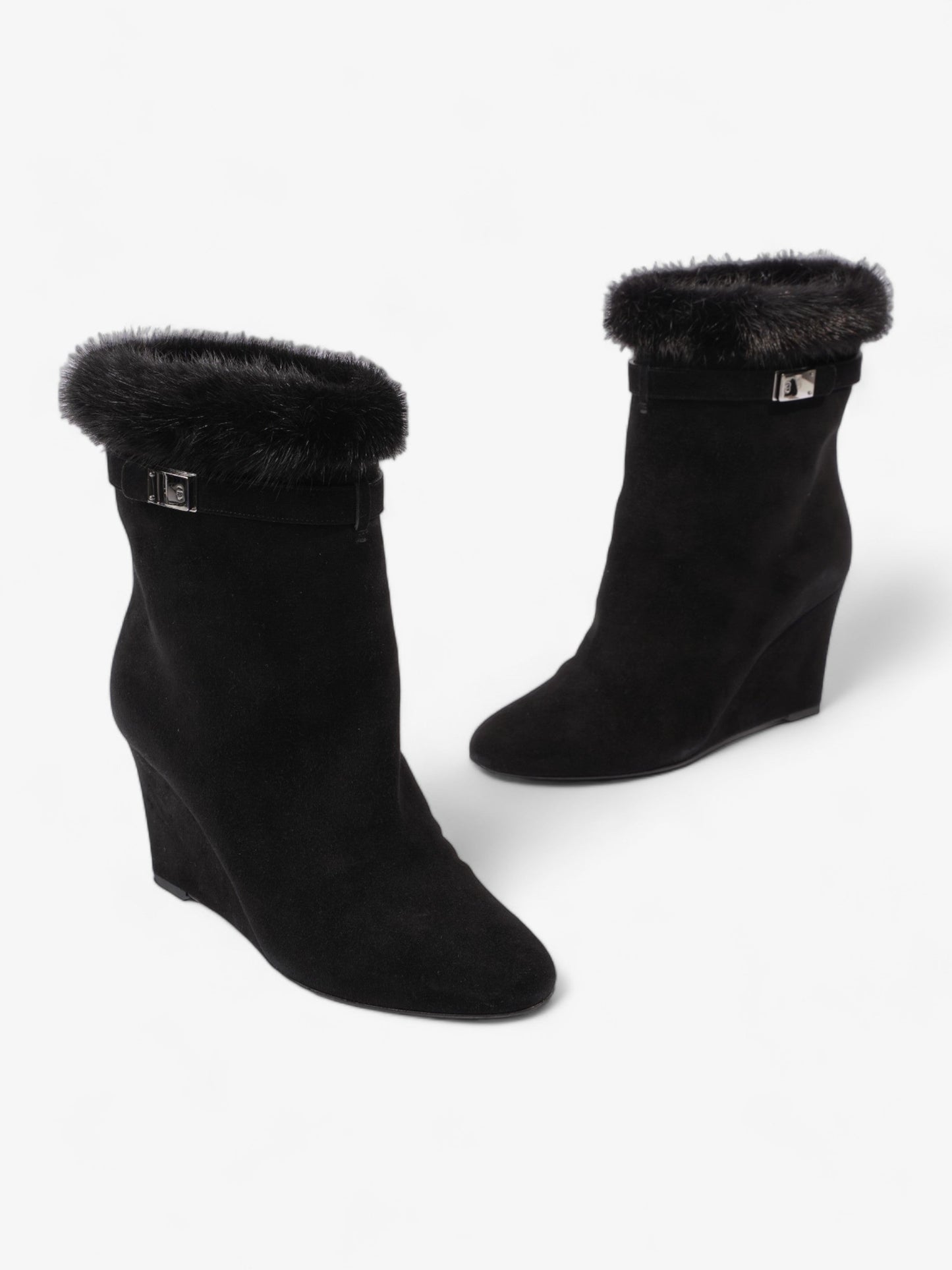 Christian Dior Fur Trim Ankle Boots 80mm Black Suede EU 37 UK 4