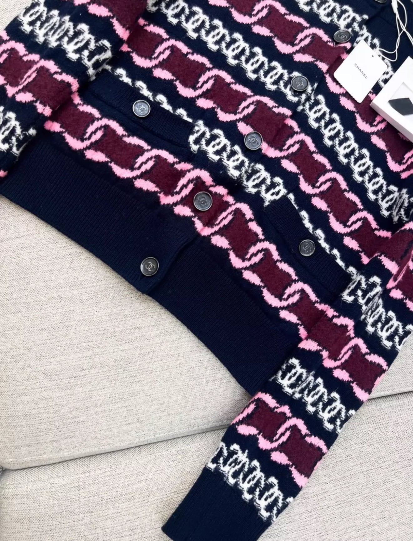 Chanel 23B navy blue, Burgundy, pink & white cardigan