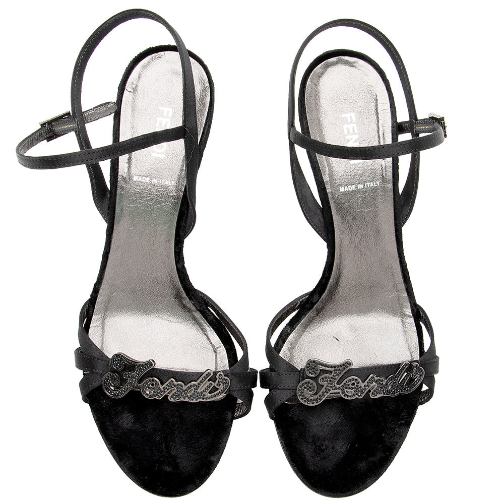 Fendi Velvet Crystal Logo Embellished Sandals - Size 7 / 37 (SHF-17946)