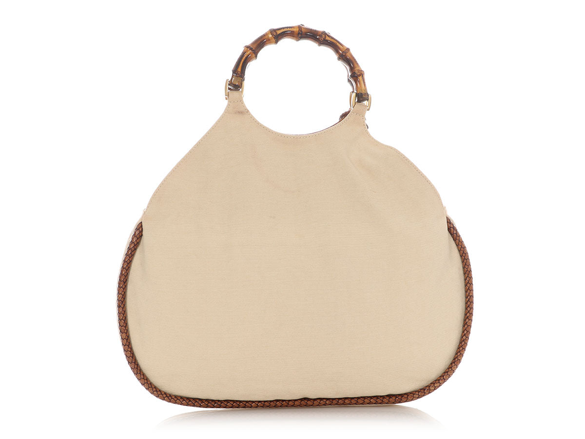 Gucci Beige Canvas Bamboo Handle Bag