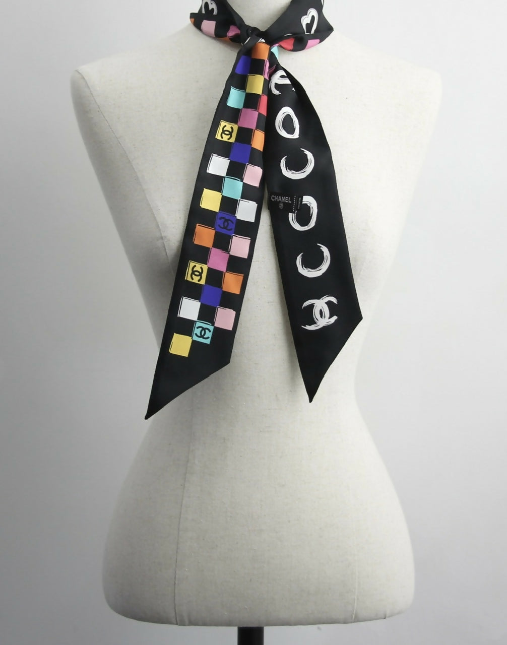 CHANEL 100% Silk Twilly Checkered Pattern CC Logo Scarf in Black and Multicolour