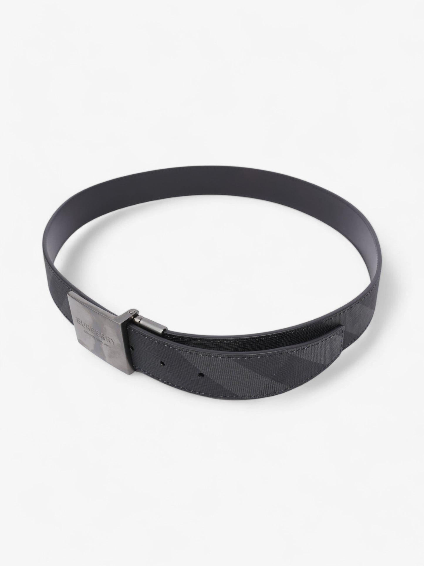 Burberry Reversible Plaque Buckle Check Belt Charcoal / Graphite / Silver Coated Canvas 90cm / 36"