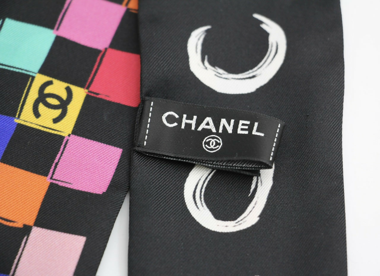 CHANEL 100% Silk Twilly Checkered Pattern CC Logo Scarf in Black and Multicolour