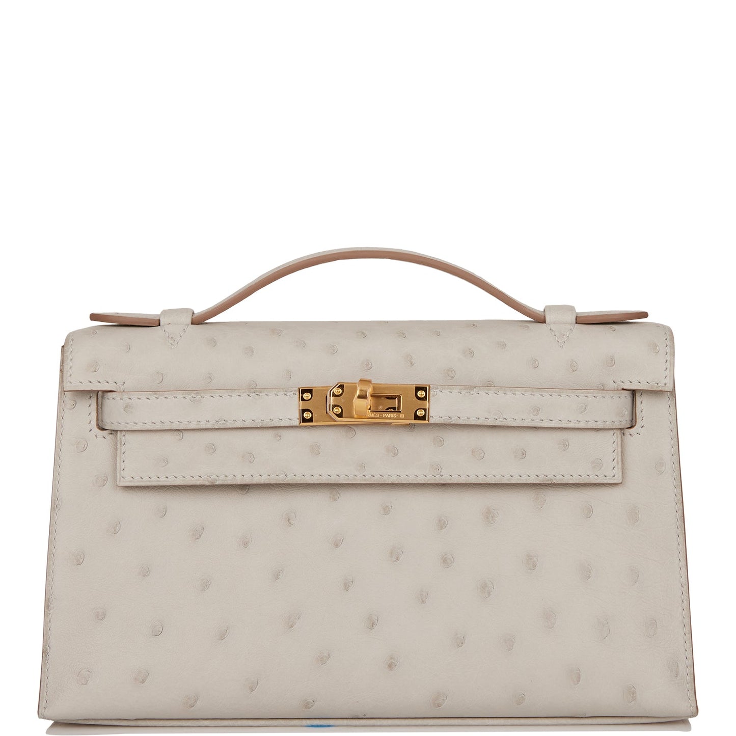Hermes Kelly Pochette Gris Perle Ostrich Gold Hardware