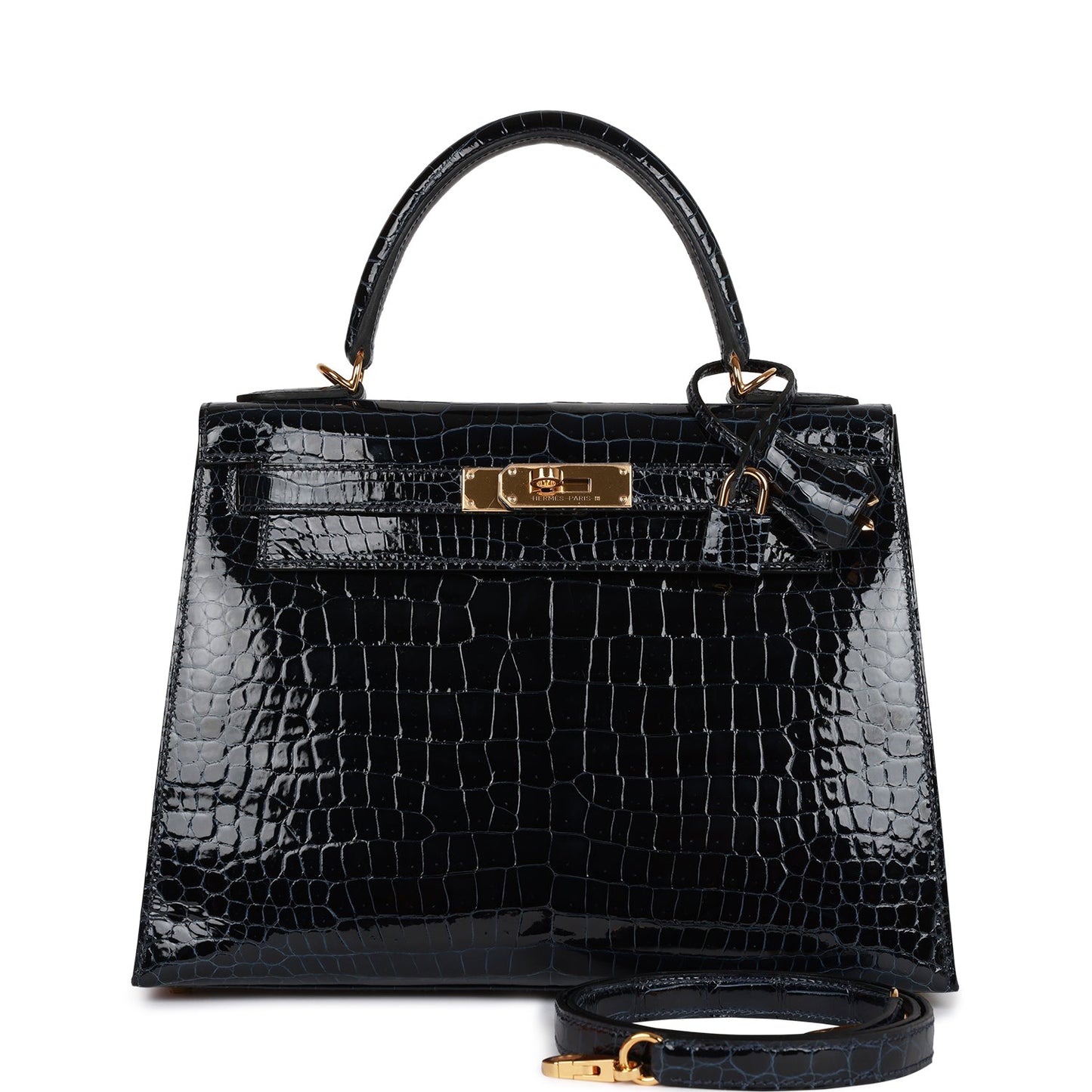 Hermes Kelly 28 Sellier Bleu Baltique Shiny Porosus Crocodile Gold Hardware