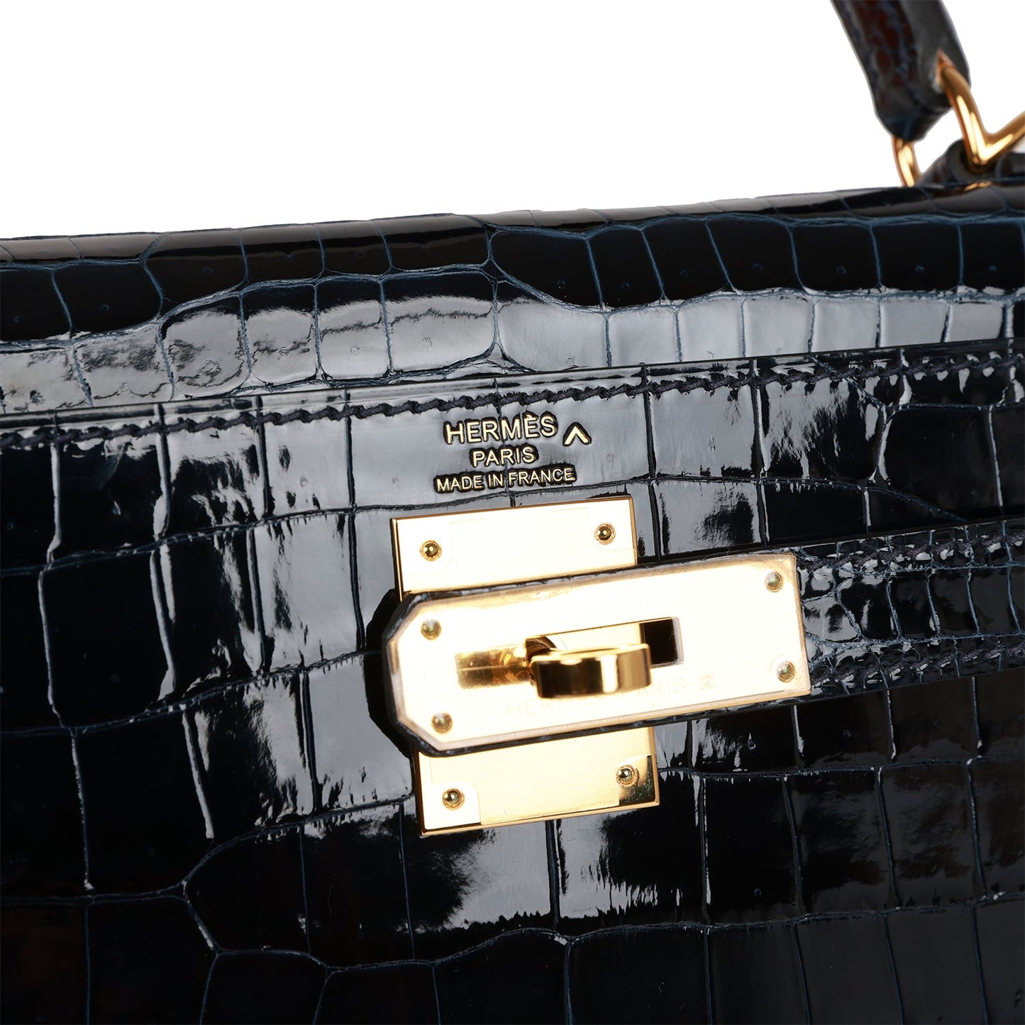 Hermes Kelly 28 Sellier Bleu Baltique Shiny Porosus Crocodile Gold Hardware
