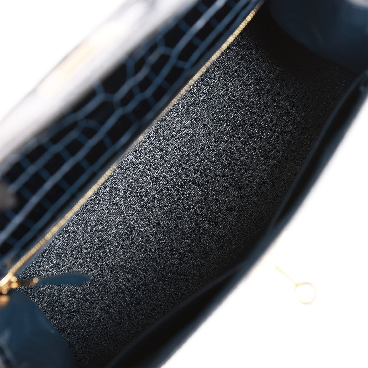 Hermes Kelly 28 Sellier Bleu Baltique Shiny Porosus Crocodile Gold Hardware