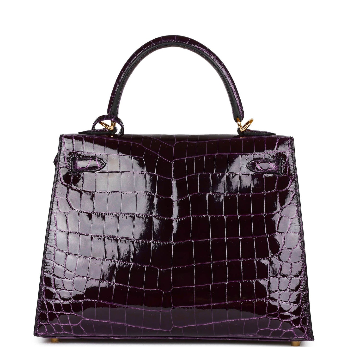 Hermes Kelly 25 Sellier Aubergine Shiny Niloticus Crocodile Gold Hardware
