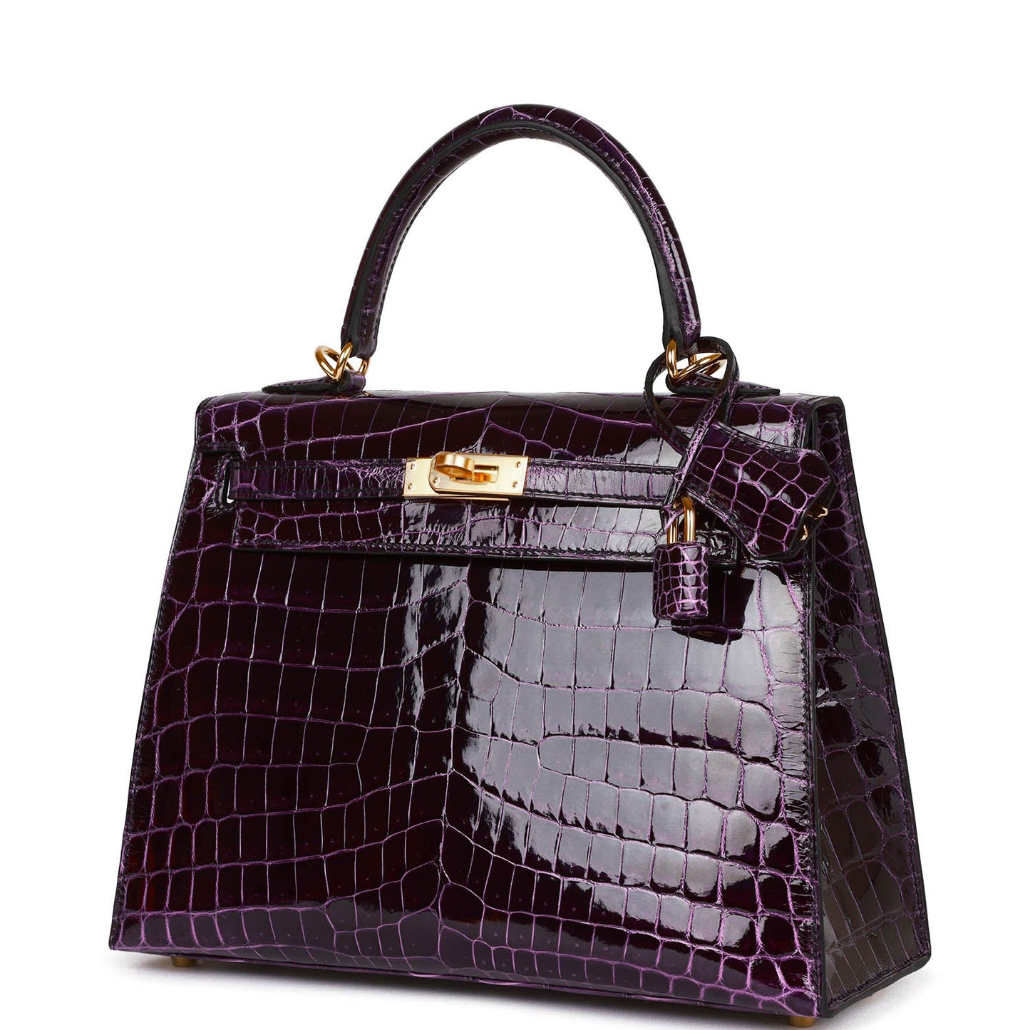 Hermes Kelly 25 Sellier Aubergine Shiny Niloticus Crocodile Gold Hardware