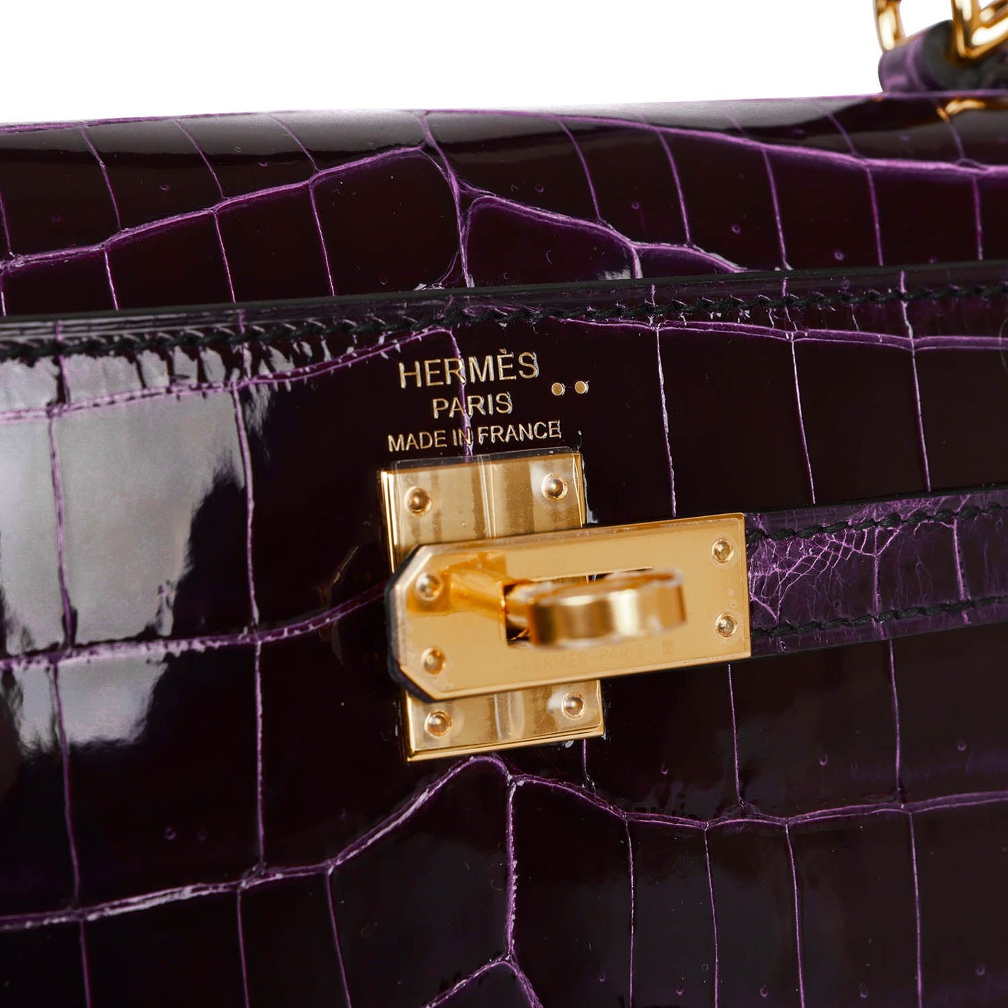 Hermes Kelly 25 Sellier Aubergine Shiny Niloticus Crocodile Gold Hardware