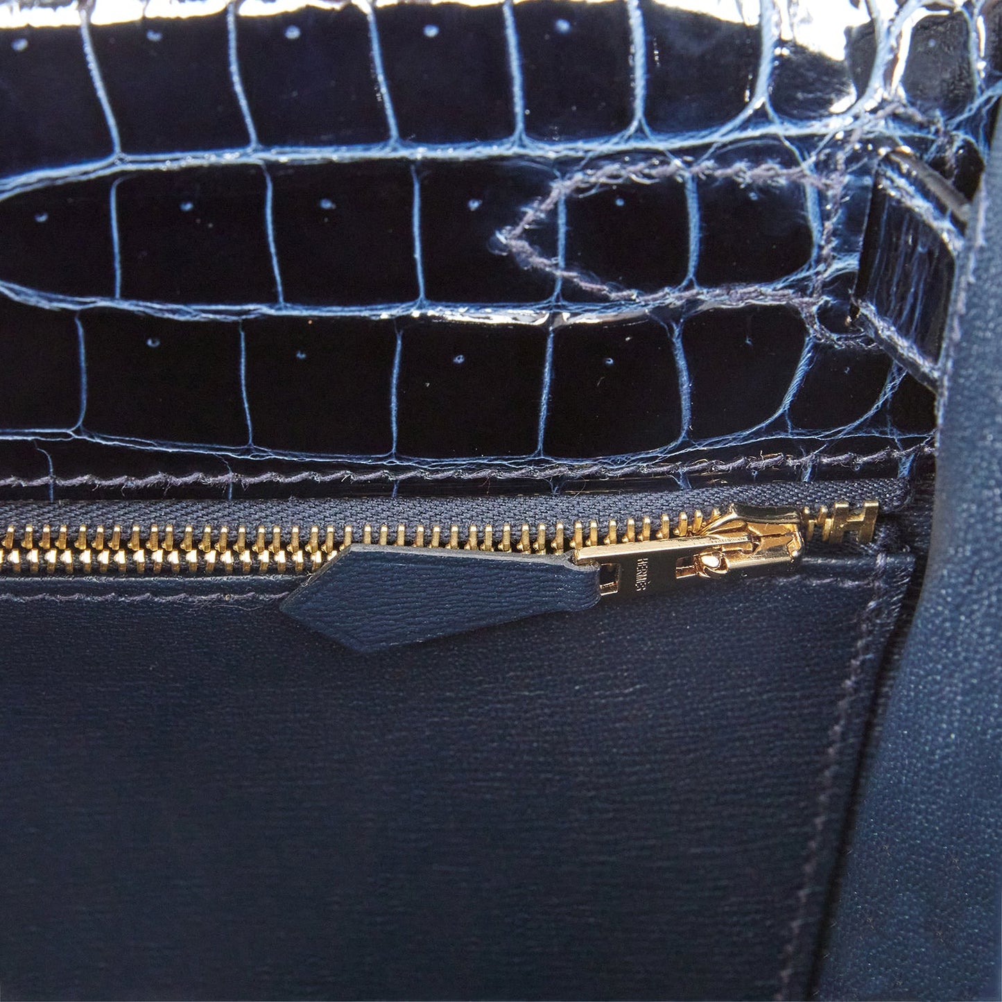 Hermes Kelly 28 Sellier Bleu Baltique Shiny Porosus Crocodile Gold Hardware
