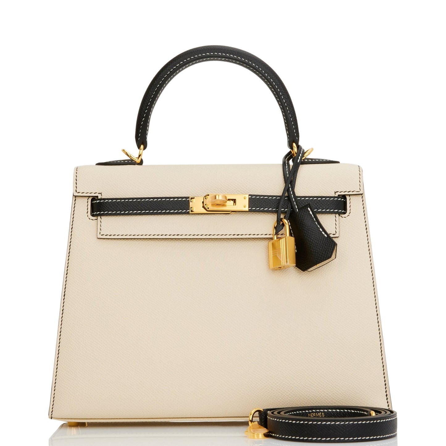 Hermes Kelly 25 Sellier Nata and Black Epsom Gold Hardware