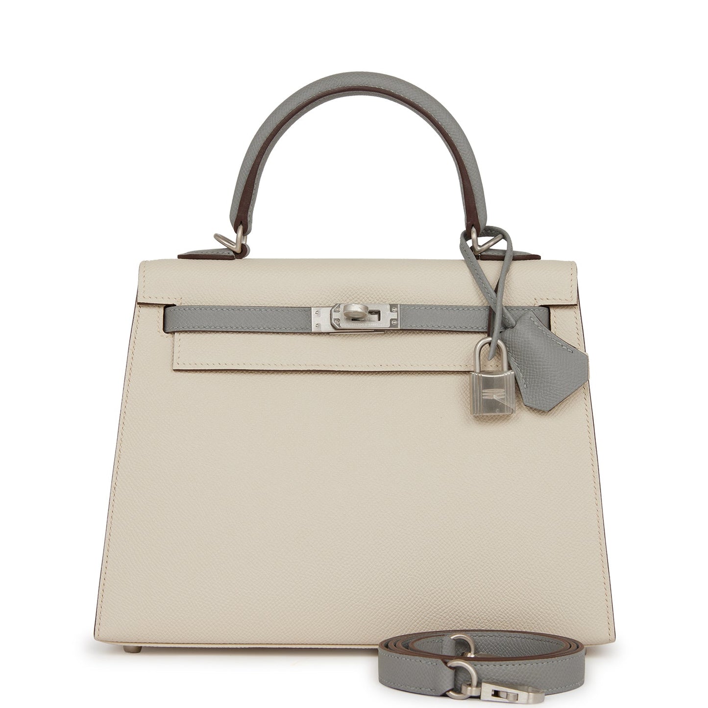 Hermes Kelly 25 Sellier Craie and Gris Mouette Epsom Brushed Palladium Hardware