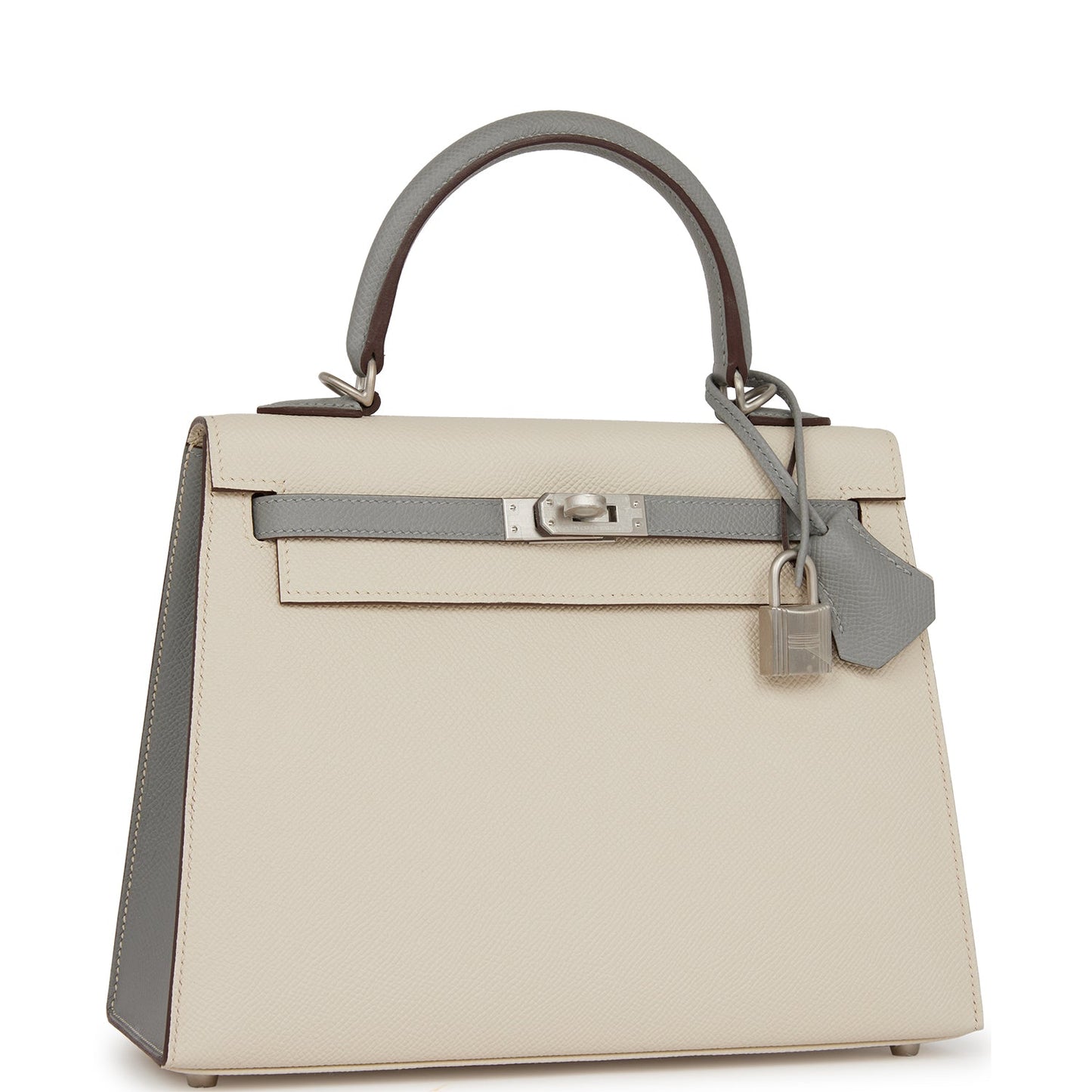 Hermes Kelly 25 Sellier Craie and Gris Mouette Epsom Brushed Palladium Hardware