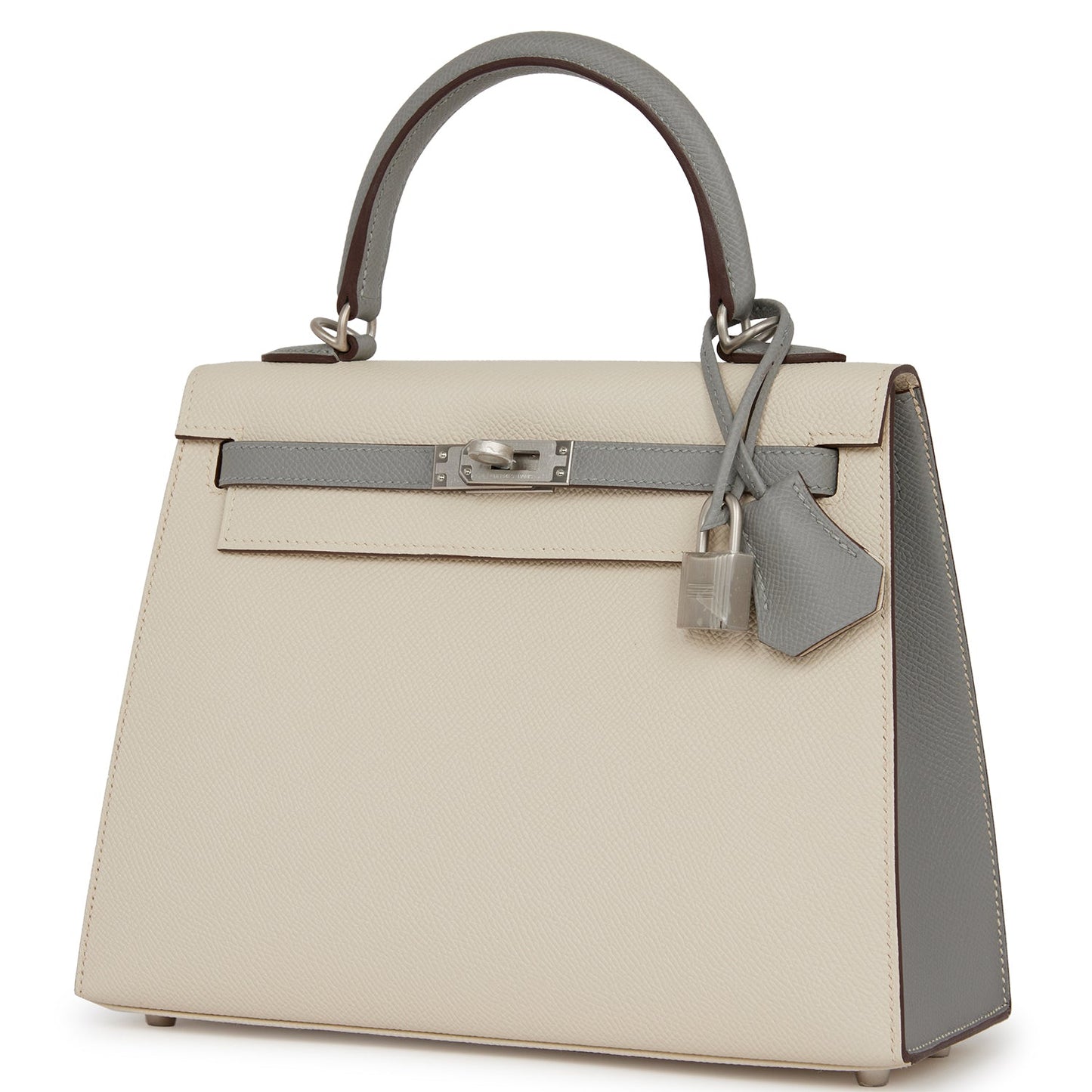 Hermes Kelly 25 Sellier Craie and Gris Mouette Epsom Brushed Palladium Hardware