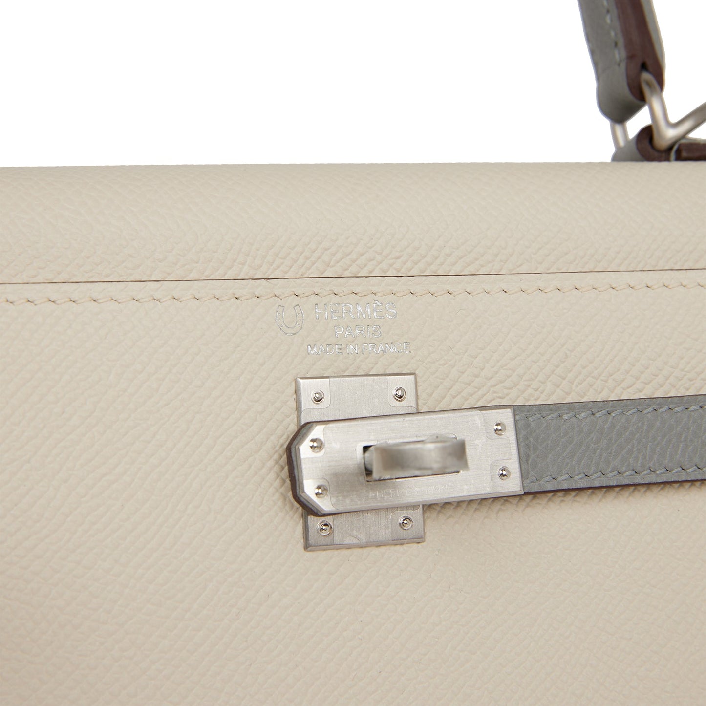 Hermes Kelly 25 Sellier Craie and Gris Mouette Epsom Brushed Palladium Hardware