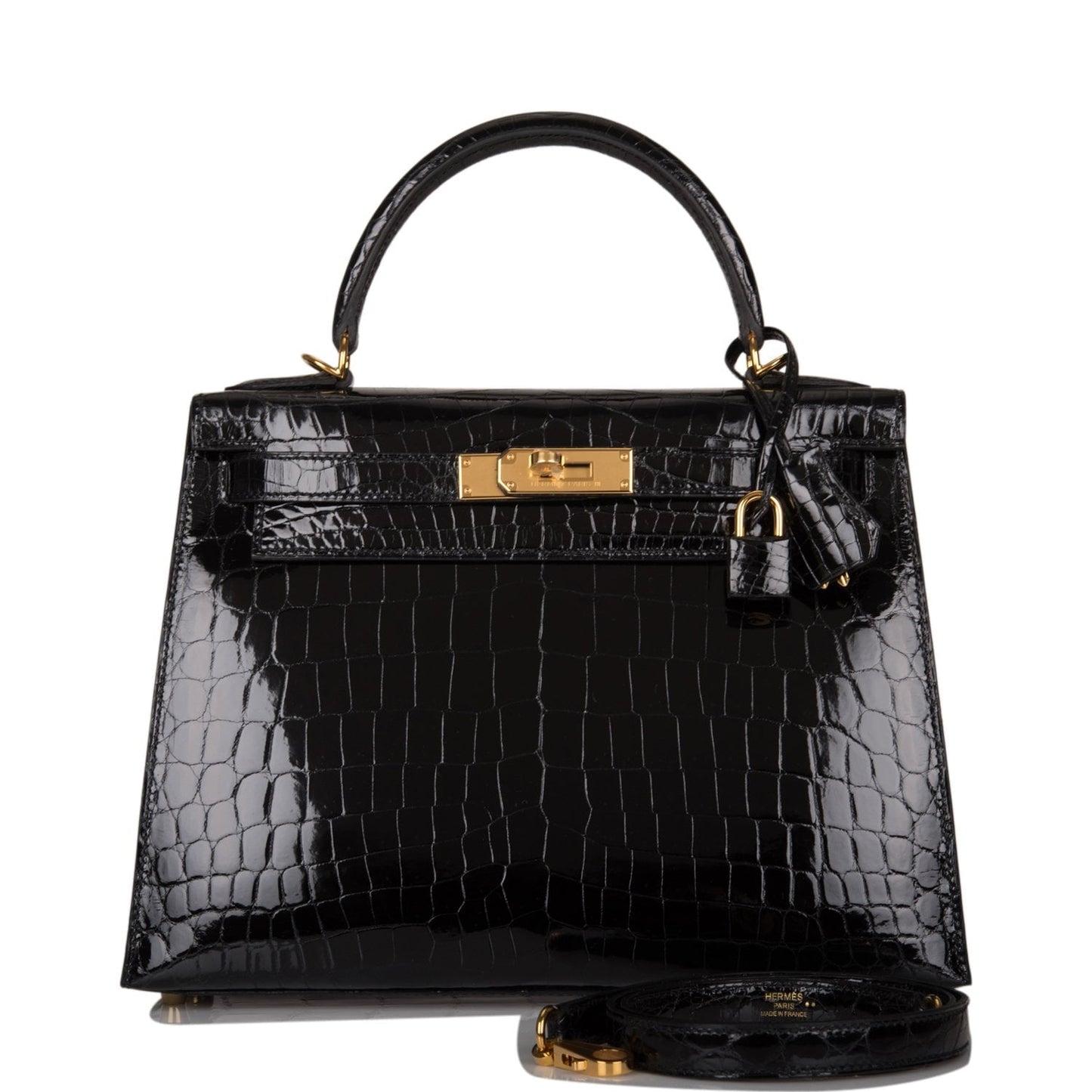 Hermes Kelly 28 Sellier Black Shiny Niloticus Crocodile Gold Hardware