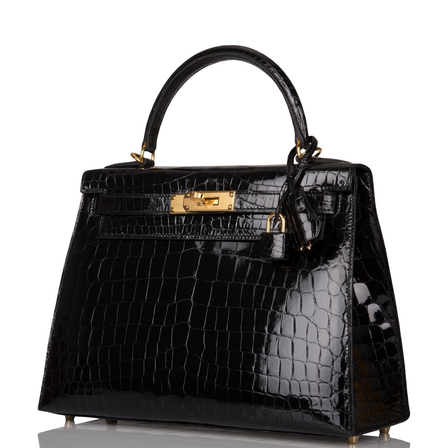 Hermes Kelly 28 Sellier Black Shiny Niloticus Crocodile Gold Hardware