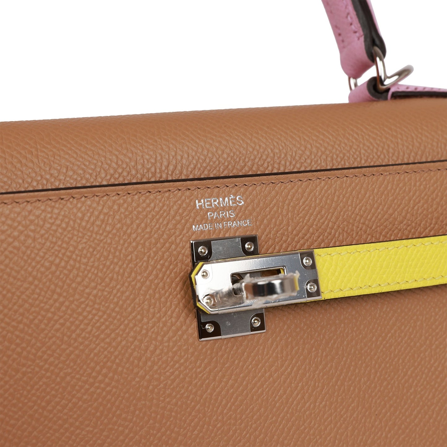 Hermes Kelly 25 Sellier Tri-Color Chai, Lime and Mauve Sylvestre Epsom Palladium Hardware