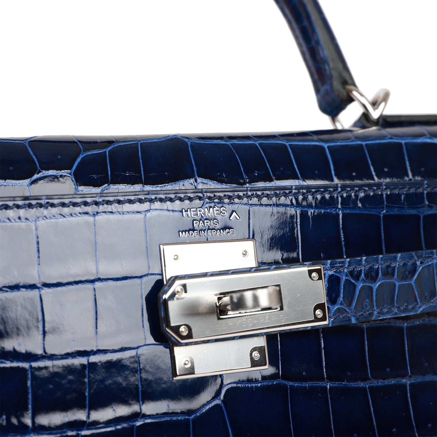 Hermes Kelly 28 Sellier Bleu Saphir Shiny Porosus Crocodile Palladium Hardware