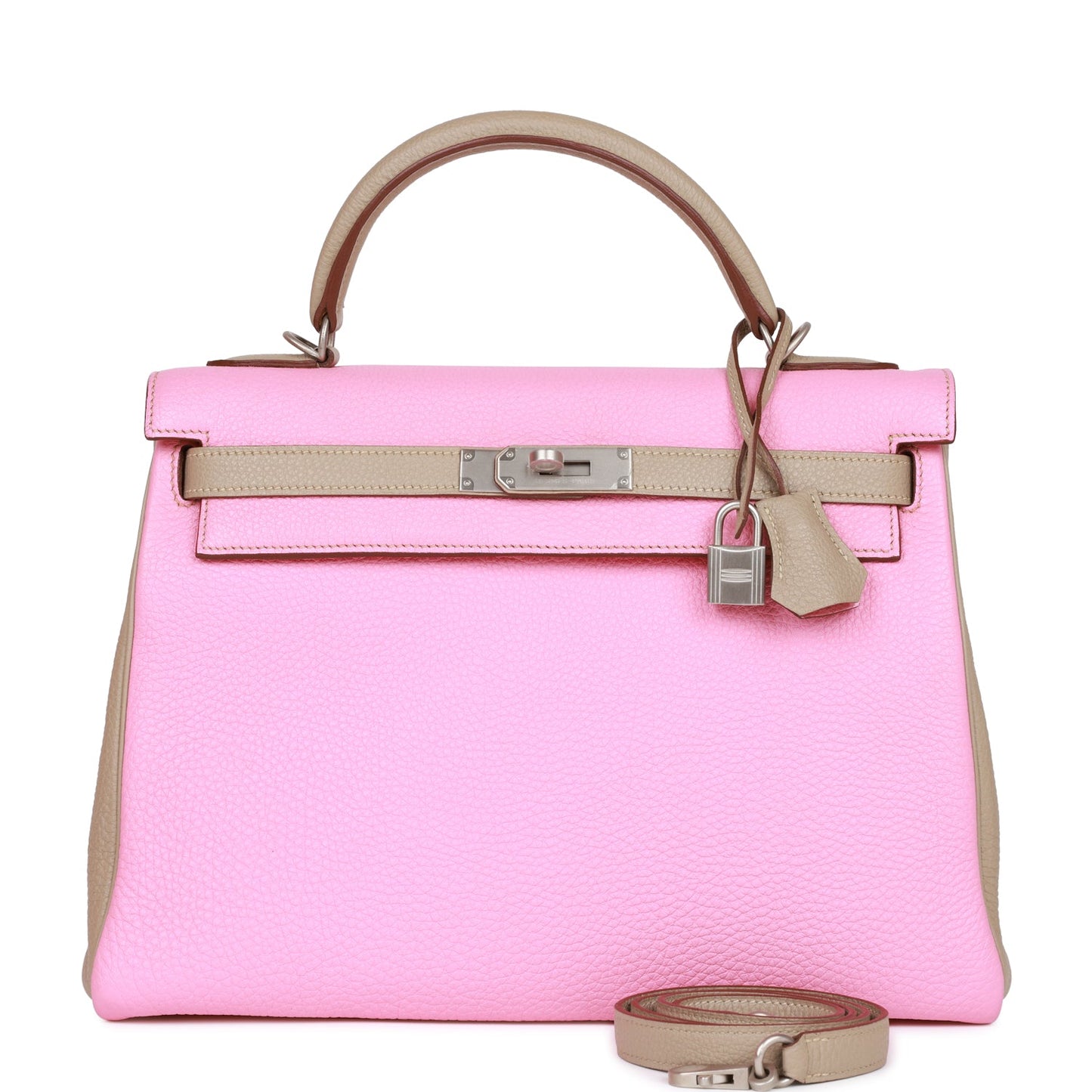 Hermes Special Order Kelly 32 Retourne Bubblegum and Gris Tourterelle Clemence Brushed Palladium Hardware