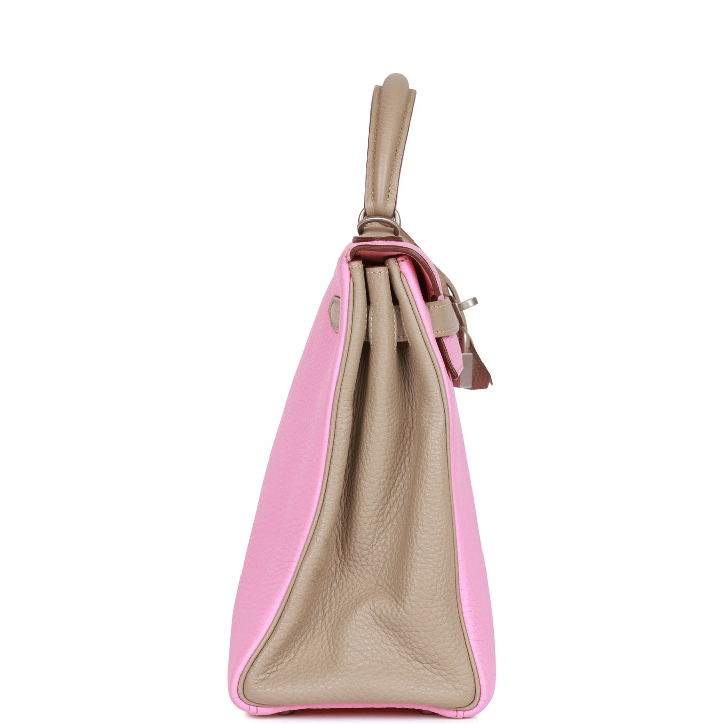 Hermes Special Order Kelly 32 Retourne Bubblegum and Gris Tourterelle Clemence Brushed Palladium Hardware