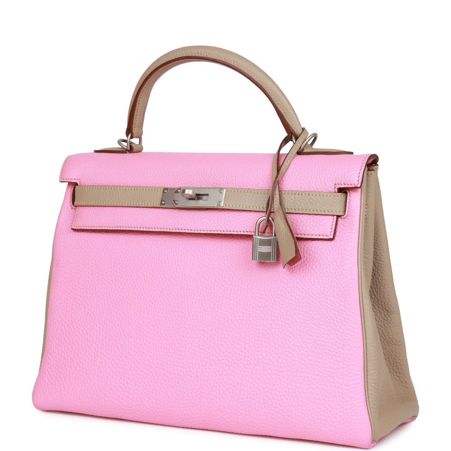 Hermes Special Order Kelly 32 Retourne Bubblegum and Gris Tourterelle Clemence Brushed Palladium Hardware