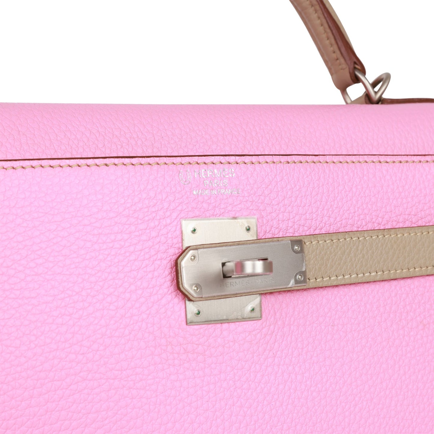 Hermes Special Order Kelly 32 Retourne Bubblegum and Gris Tourterelle Clemence Brushed Palladium Hardware