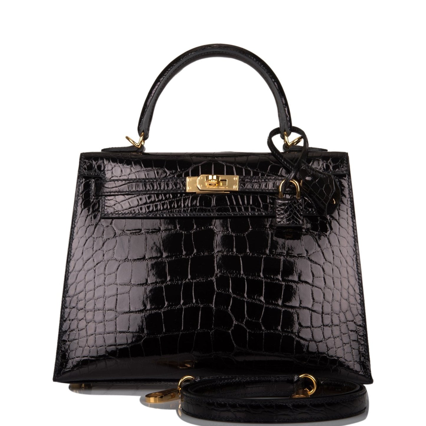 Hermes Kelly 25 Sellier Black Shiny Alligator Gold Hardware
