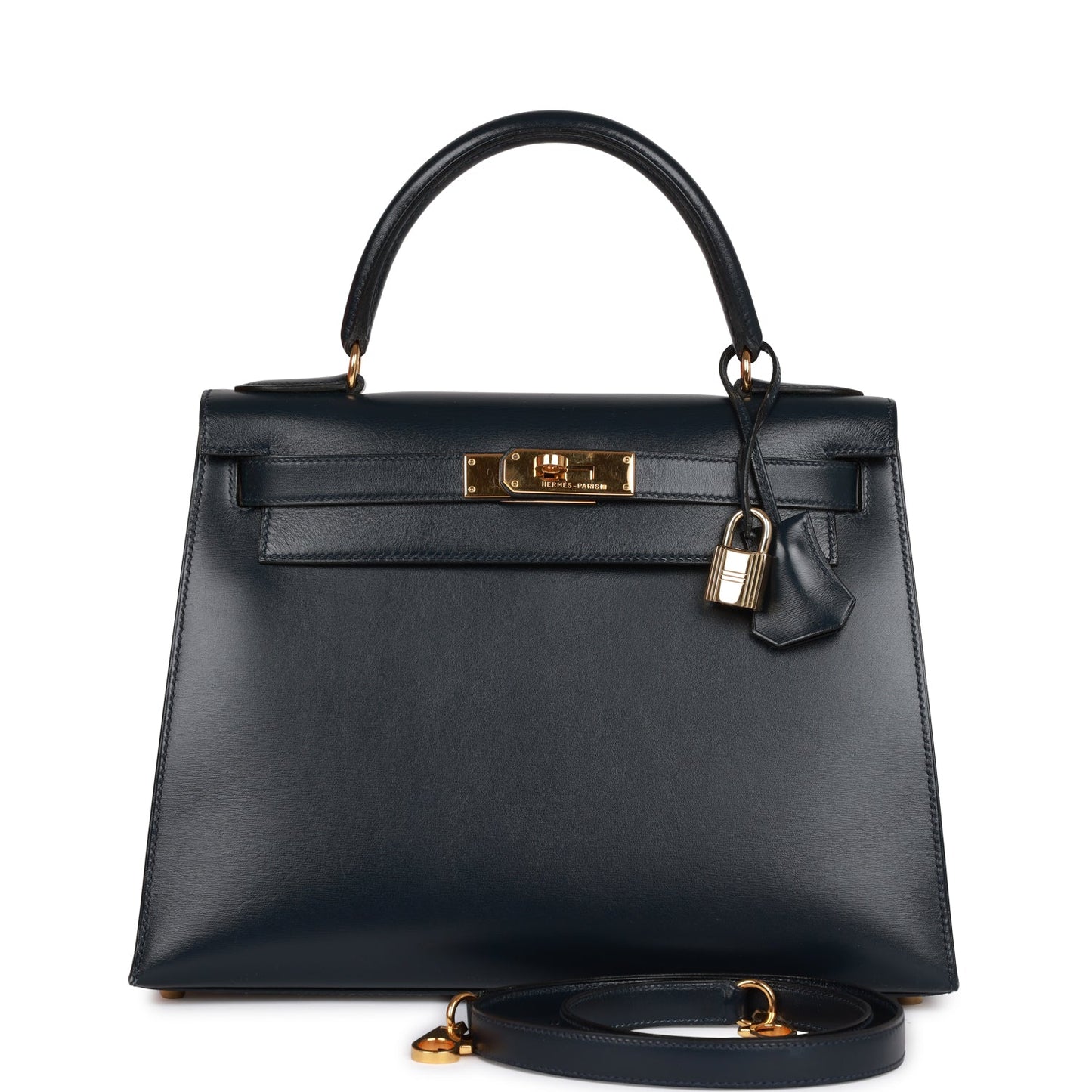 Hermes Kelly 28 Sellier Bleu Marine Box Gold Hardware
