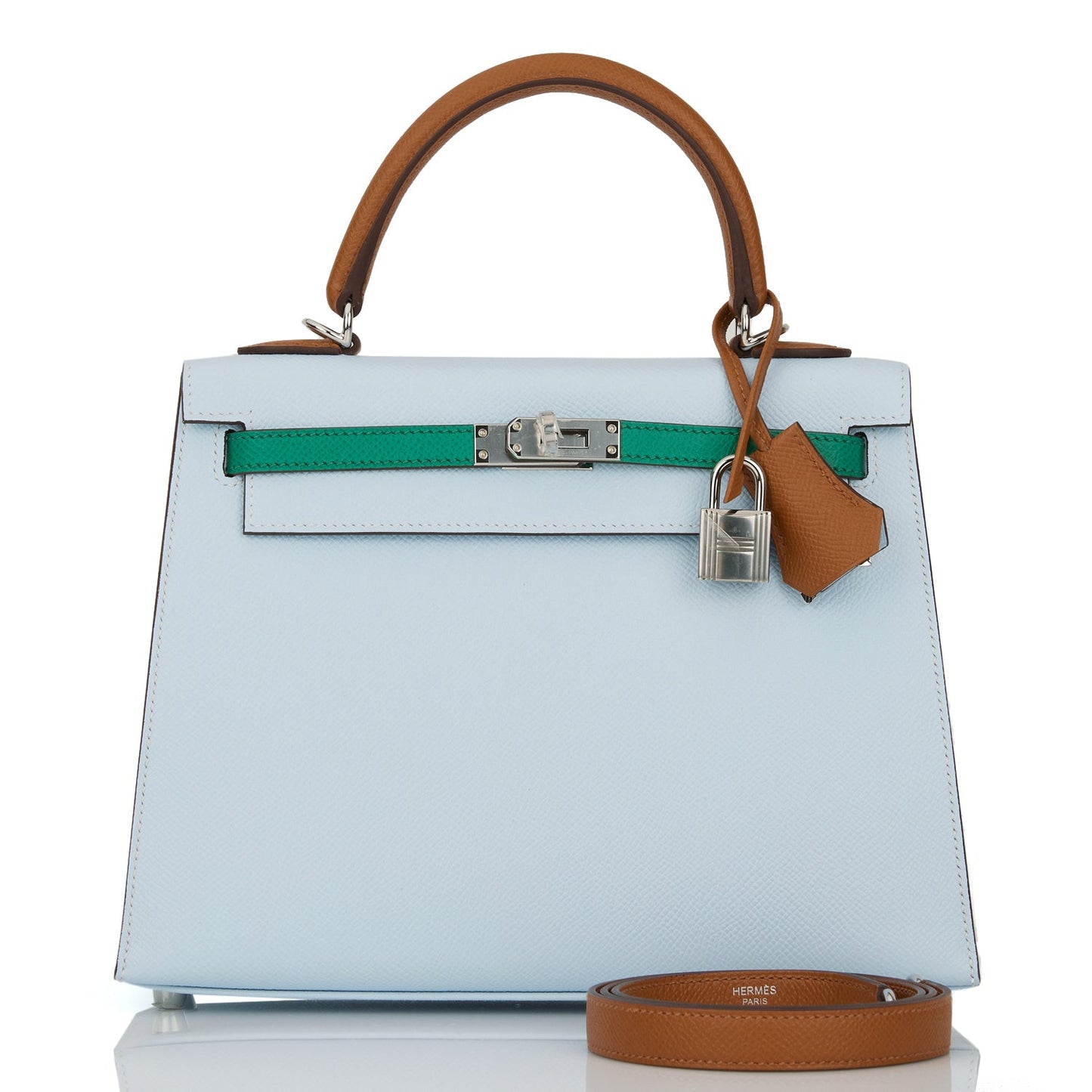 Hermes Kelly 25 Sellier Tri-Color Bleu Brume, Vert Jade and Gold Epsom Palladium Hardware