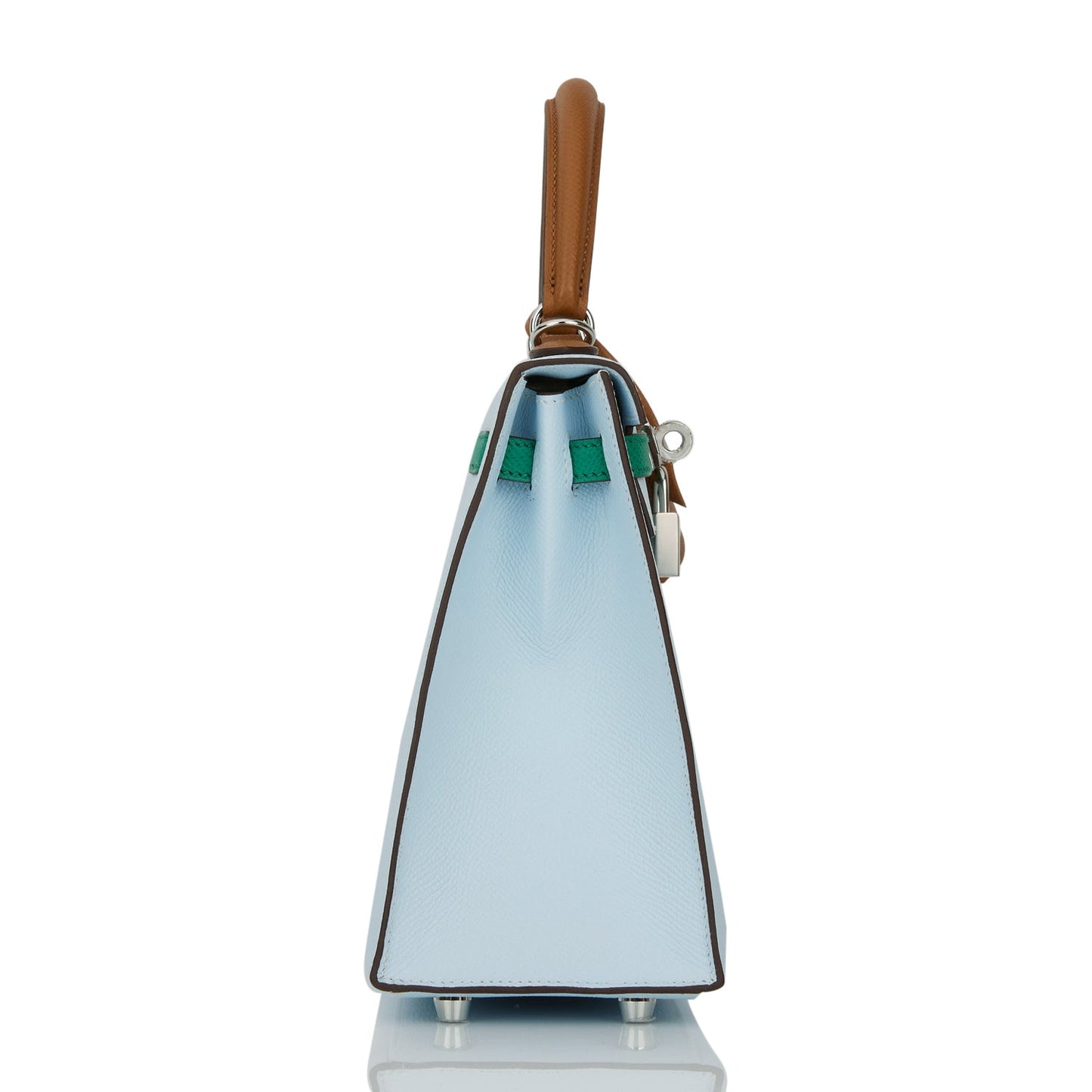 Hermes Kelly 25 Sellier Tri-Color Bleu Brume, Vert Jade and Gold Epsom Palladium Hardware