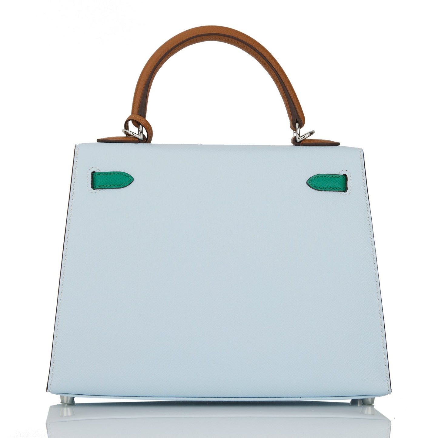 Hermes Kelly 25 Sellier Tri-Color Bleu Brume, Vert Jade and Gold Epsom Palladium Hardware