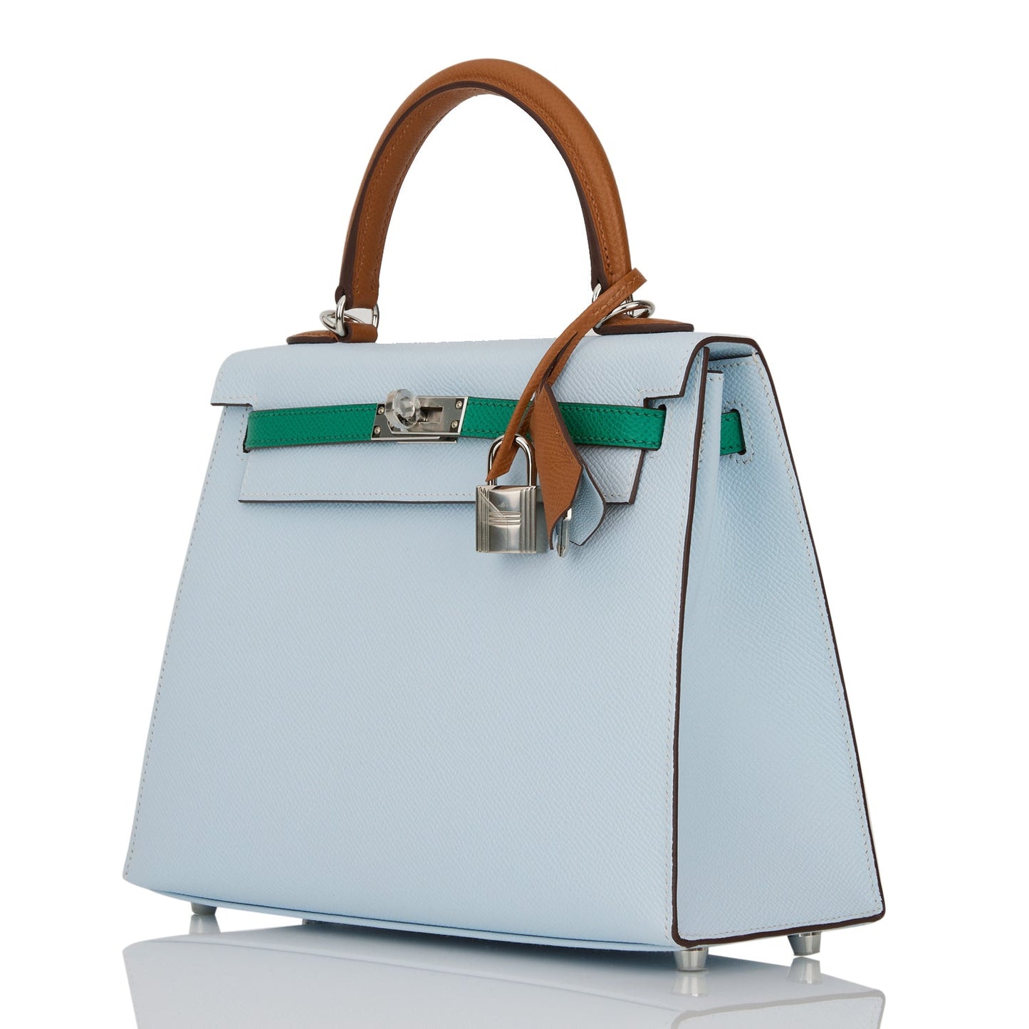 Hermes Kelly 25 Sellier Tri-Color Bleu Brume, Vert Jade and Gold Epsom Palladium Hardware