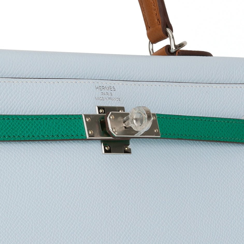 Hermes Kelly 25 Sellier Tri-Color Bleu Brume, Vert Jade and Gold Epsom Palladium Hardware