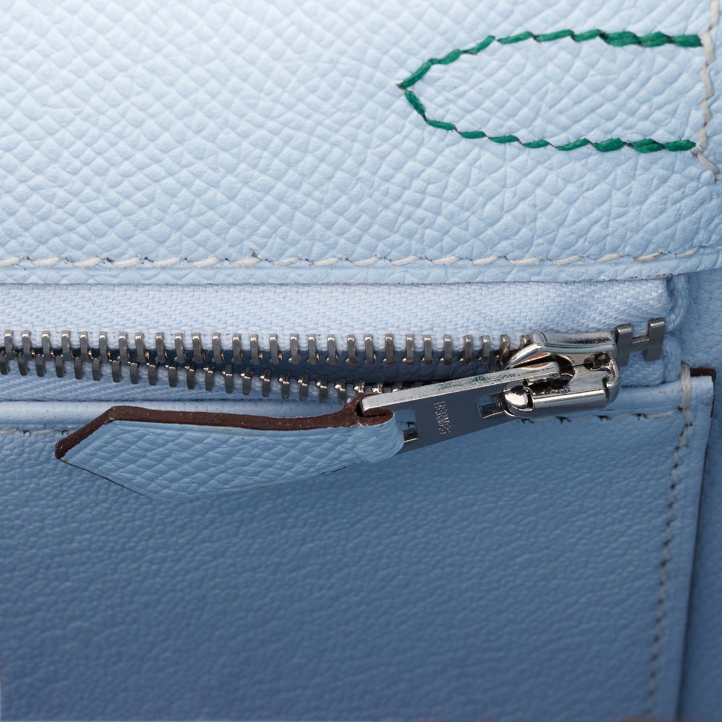 Hermes Kelly 25 Sellier Tri-Color Bleu Brume, Vert Jade and Gold Epsom Palladium Hardware