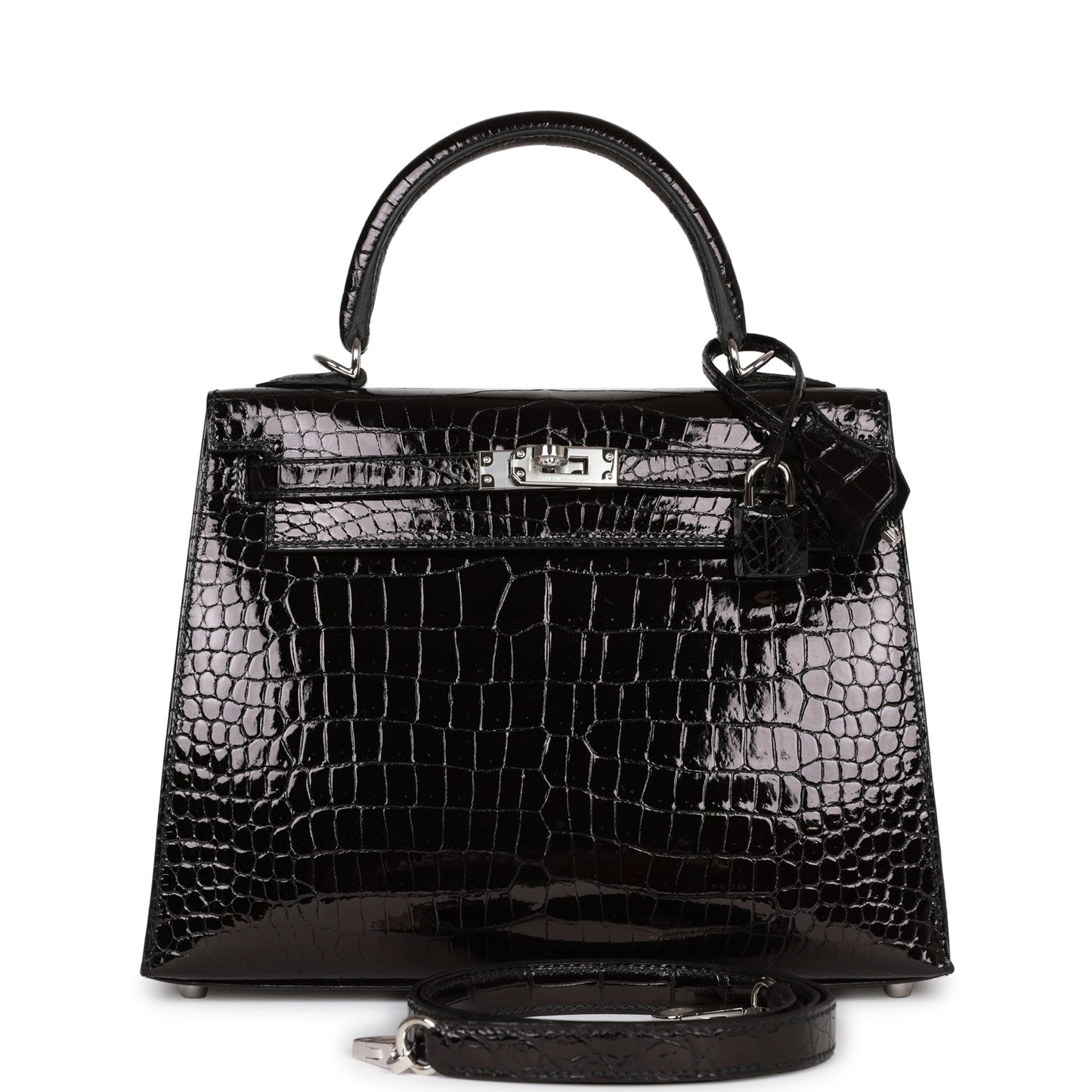 Hermes Kelly 25 Sellier Black Shiny Porosus Crocodile Palladium Hardware