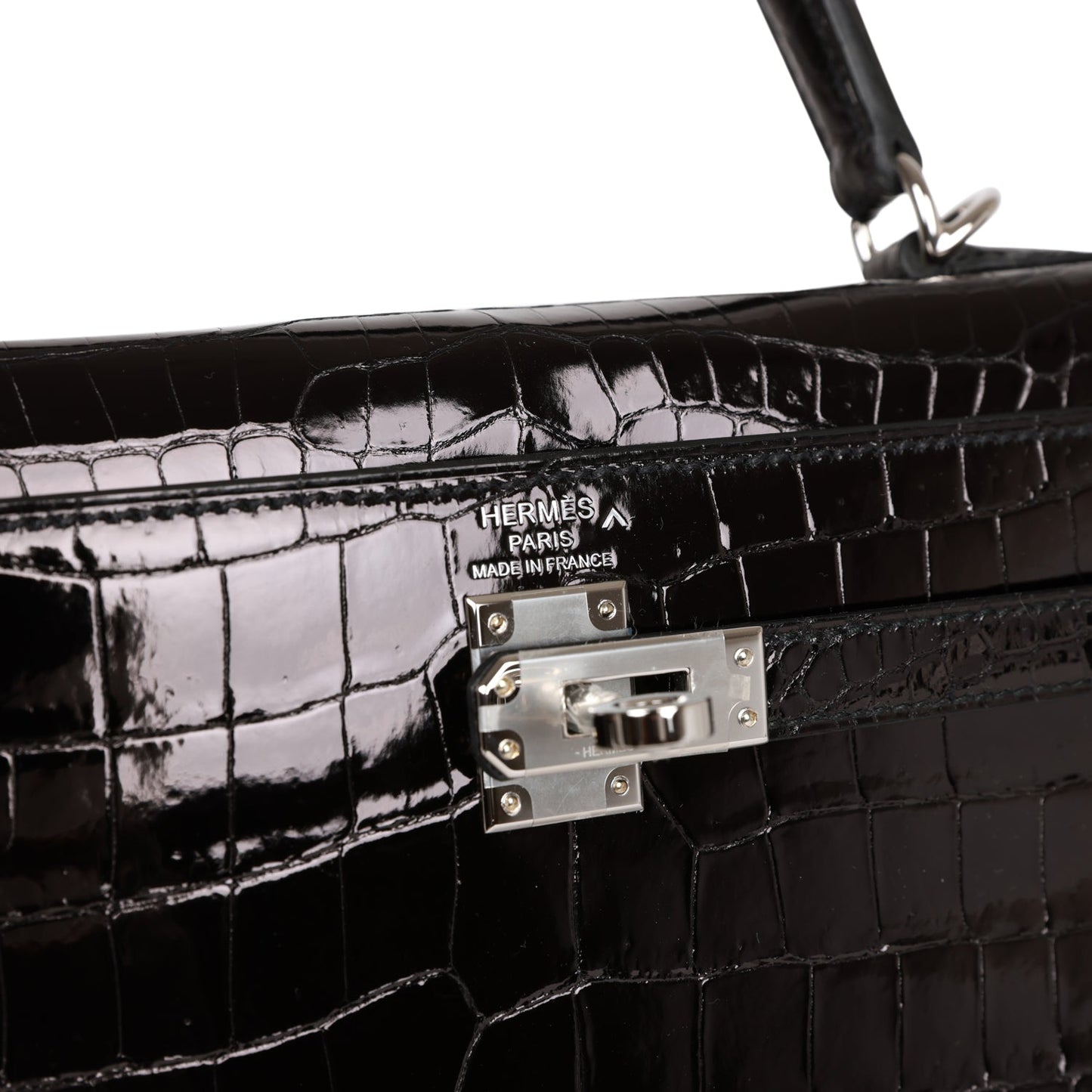 Hermes Kelly 25 Sellier Black Shiny Porosus Crocodile Palladium Hardware