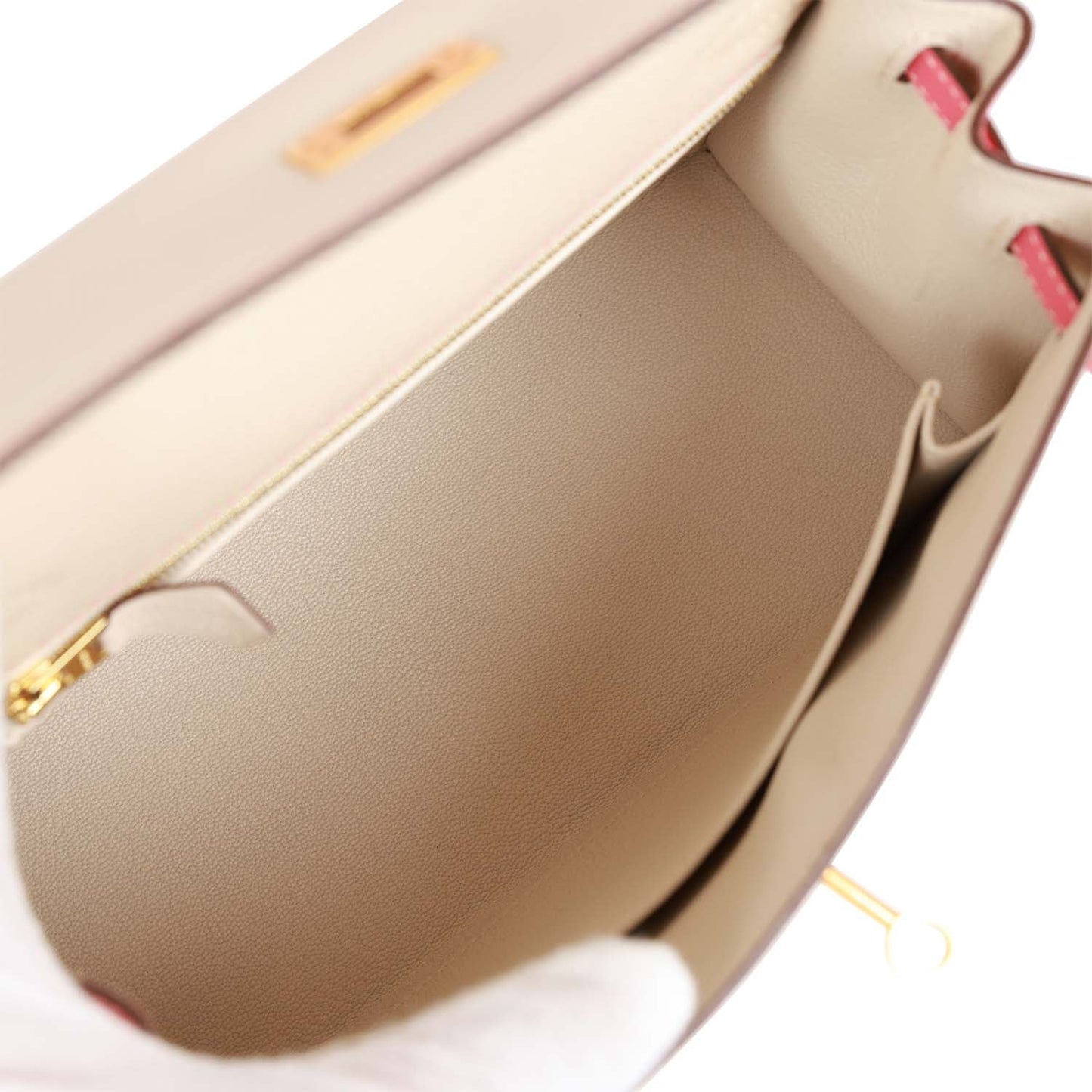 Hermes Kelly 25 Sellier Craie and Rose Lipstick Epsom Brushed Gold Hardware